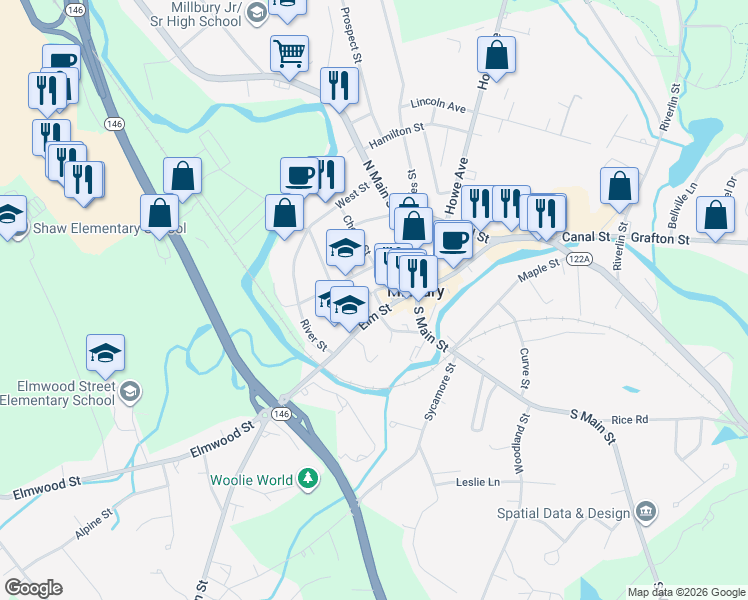 map of restaurants, bars, coffee shops, grocery stores, and more near 12 Elm Street in Millbury