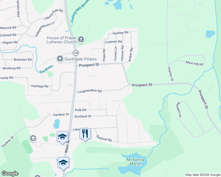 map of restaurants, bars, coffee shops, grocery stores, and more near 17 Longmeadow Road in Hingham