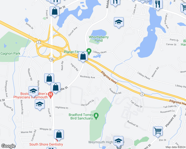 map of restaurants, bars, coffee shops, grocery stores, and more near 20 Donald Street in Weymouth