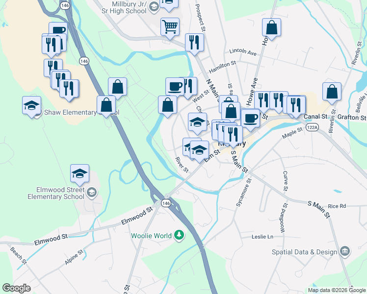 map of restaurants, bars, coffee shops, grocery stores, and more near 23 Grove Street in Millbury