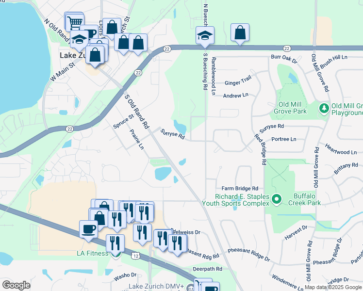 map of restaurants, bars, coffee shops, grocery stores, and more near 365 Surryse Road in Lake Zurich