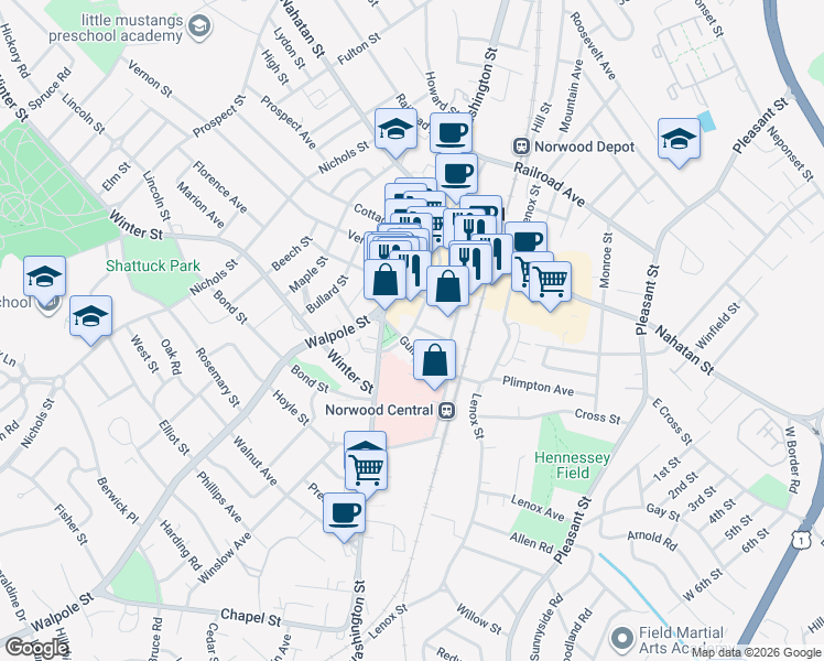 map of restaurants, bars, coffee shops, grocery stores, and more near 5 Central Street in Norwood