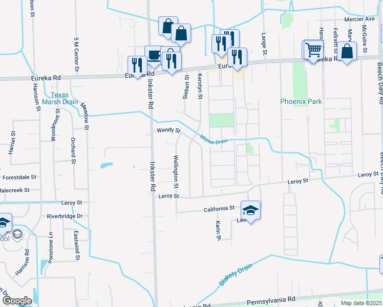 map of restaurants, bars, coffee shops, grocery stores, and more near 15665 Kerstyn Street in Taylor