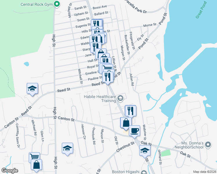 map of restaurants, bars, coffee shops, grocery stores, and more near 25 Old Street in Randolph