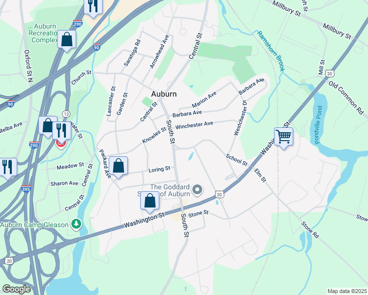 map of restaurants, bars, coffee shops, grocery stores, and more near 9 School Street in Auburn
