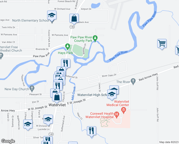 map of restaurants, bars, coffee shops, grocery stores, and more near 417 Butternut Street in Watervliet