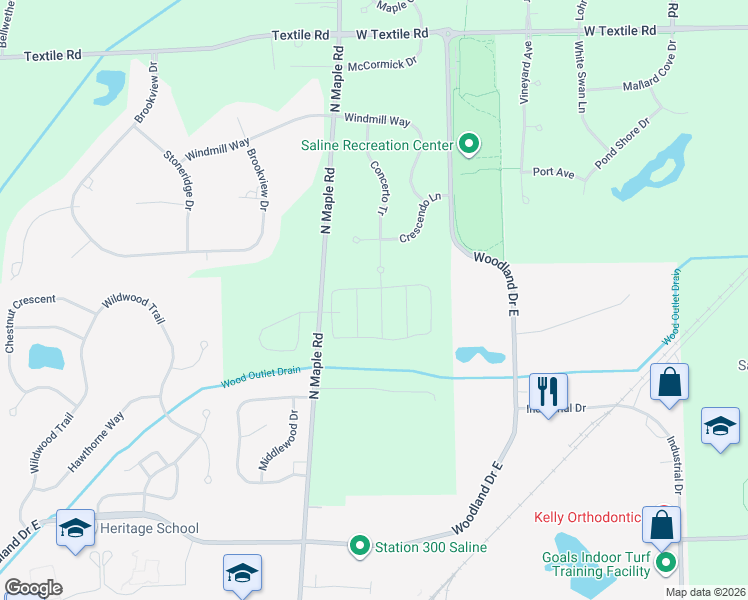 map of restaurants, bars, coffee shops, grocery stores, and more near 6675 North Maple Road in Saline