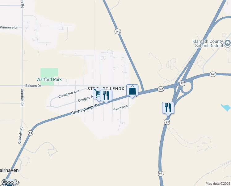 map of restaurants, bars, coffee shops, grocery stores, and more near 4046 Greensprings Drive in Klamath Falls