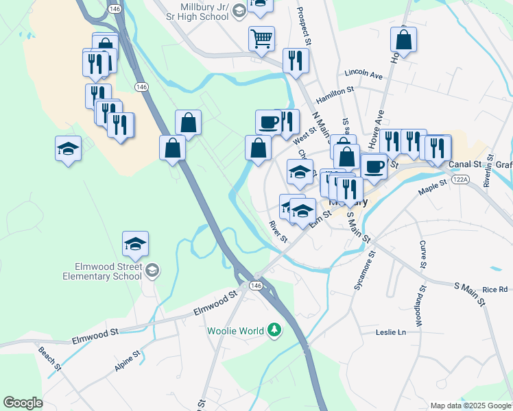 map of restaurants, bars, coffee shops, grocery stores, and more near 31 River Street in Millbury