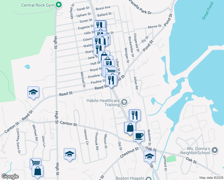 map of restaurants, bars, coffee shops, grocery stores, and more near 25 Old Street in Randolph