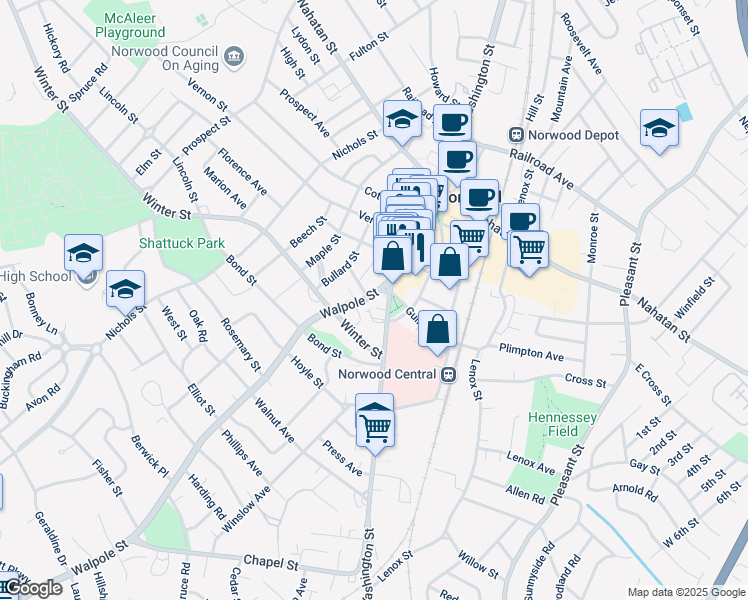 map of restaurants, bars, coffee shops, grocery stores, and more near 34-36 Walpole Street in Norwood