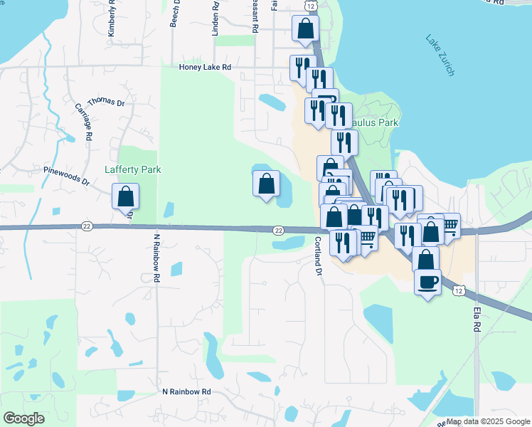 map of restaurants, bars, coffee shops, grocery stores, and more near 900 Illinois 22 in Lake Zurich