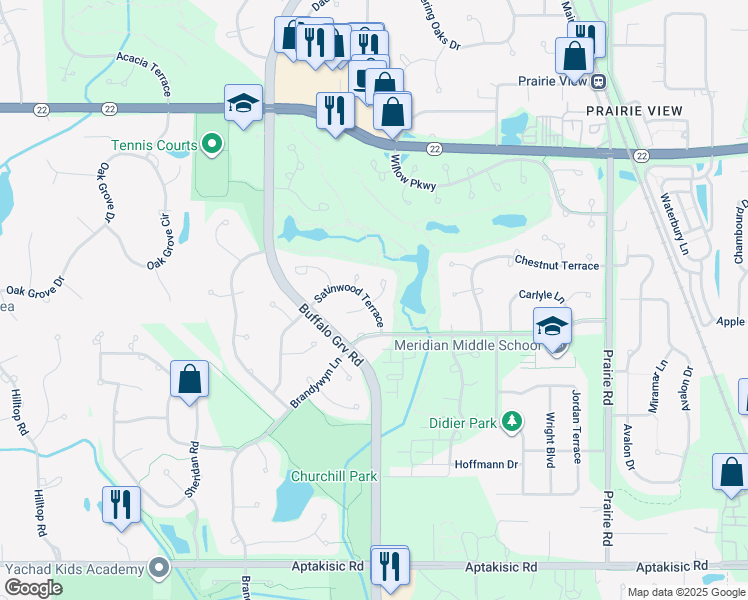 map of restaurants, bars, coffee shops, grocery stores, and more near 319 Satinwood Court North in Buffalo Grove