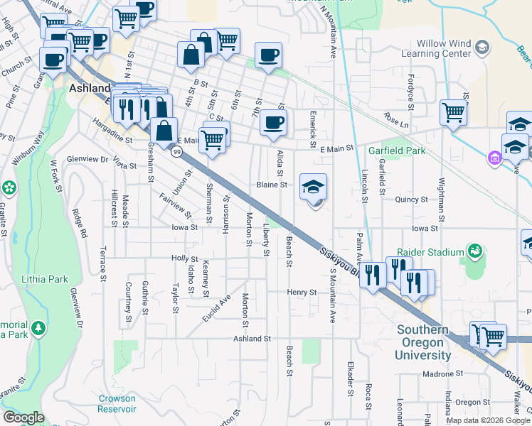 map of restaurants, bars, coffee shops, grocery stores, and more near 221 Liberty Street in Ashland