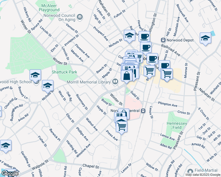 map of restaurants, bars, coffee shops, grocery stores, and more near 56 Walpole Street in Norwood
