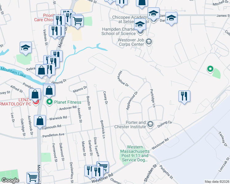 map of restaurants, bars, coffee shops, grocery stores, and more near 64 Robin Ridge Road in Chicopee