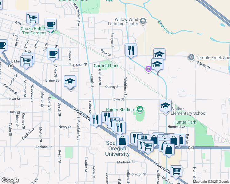 map of restaurants, bars, coffee shops, grocery stores, and more near 188 California Street in Ashland
