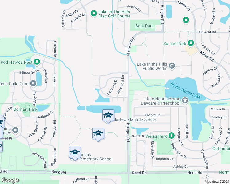 map of restaurants, bars, coffee shops, grocery stores, and more near 2101 Claremont Lane in Lake in the Hills