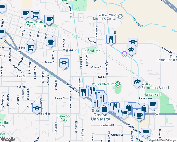 map of restaurants, bars, coffee shops, grocery stores, and more near 1273 Iowa Street in Ashland