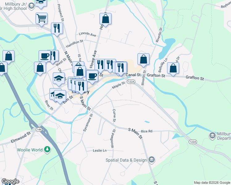 map of restaurants, bars, coffee shops, grocery stores, and more near 7 Curve Street in Millbury