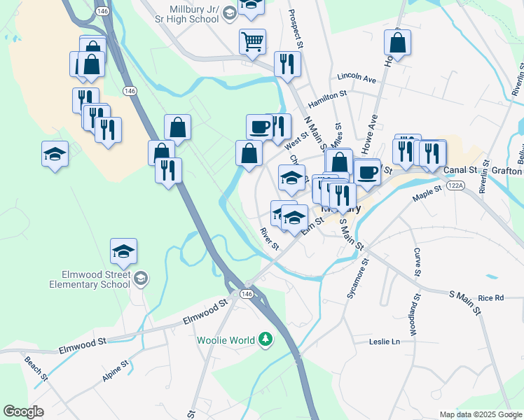 map of restaurants, bars, coffee shops, grocery stores, and more near 31 River Street in Millbury