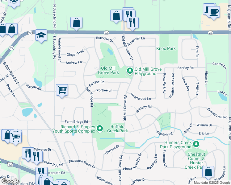map of restaurants, bars, coffee shops, grocery stores, and more near 835 White Birch Lane in Lake Zurich