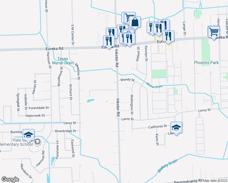 map of restaurants, bars, coffee shops, grocery stores, and more near 15360 Inkster Road in Romulus