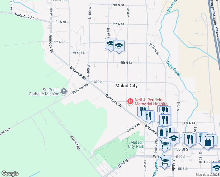 map of restaurants, bars, coffee shops, grocery stores, and more near 253 3rd West Street in Malad City