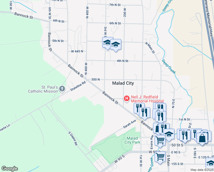 map of restaurants, bars, coffee shops, grocery stores, and more near 253 3rd West Street in Malad City