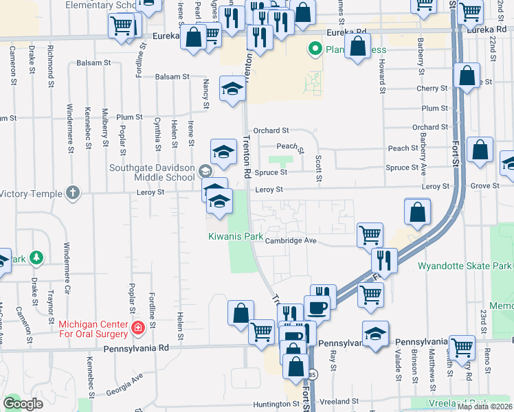 map of restaurants, bars, coffee shops, grocery stores, and more near 13861 Strathcona Street in Southgate