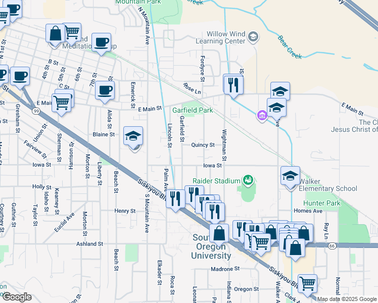 map of restaurants, bars, coffee shops, grocery stores, and more near 1269 Quincy Street in Ashland