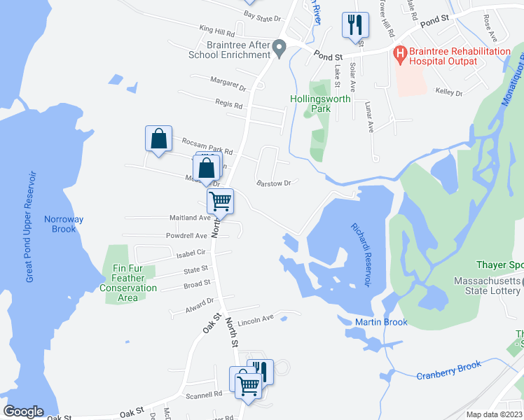 map of restaurants, bars, coffee shops, grocery stores, and more near 101 Barstow Drive in Braintree