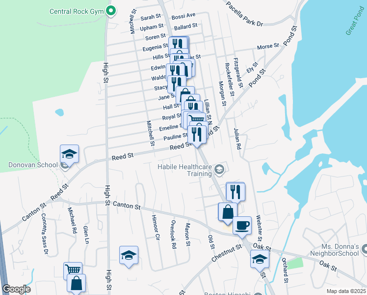 map of restaurants, bars, coffee shops, grocery stores, and more near 11 Pauline Street in Randolph