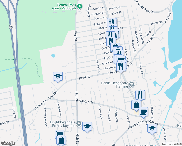 map of restaurants, bars, coffee shops, grocery stores, and more near 44 Emeline Street in Randolph