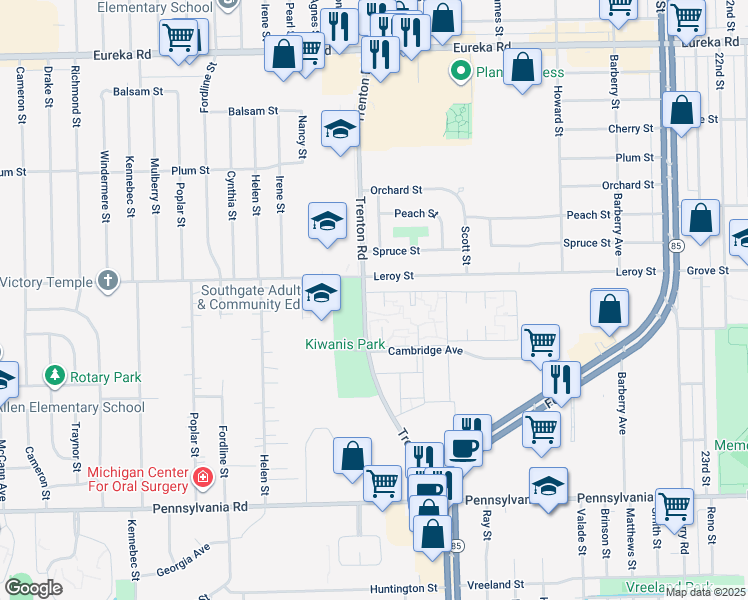 map of restaurants, bars, coffee shops, grocery stores, and more near 13819 Leroy Street in Southgate