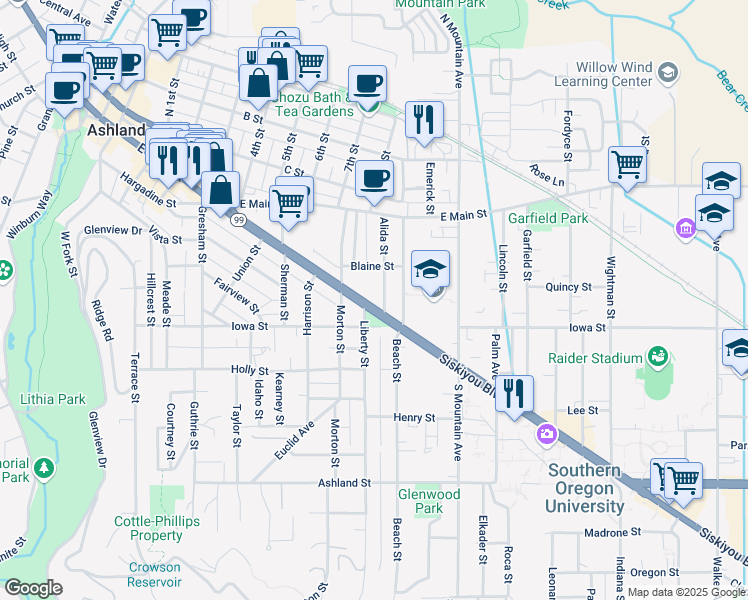 map of restaurants, bars, coffee shops, grocery stores, and more near 145 Alida Street in Ashland