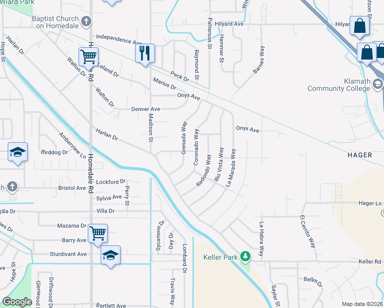 map of restaurants, bars, coffee shops, grocery stores, and more near 5910 Southgate Drive in Klamath Falls