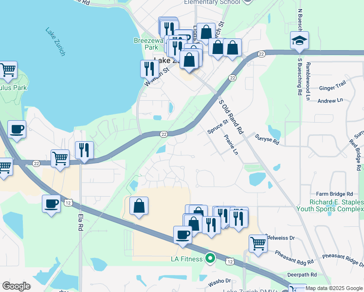 map of restaurants, bars, coffee shops, grocery stores, and more near 873 Savoy Court in Lake Zurich