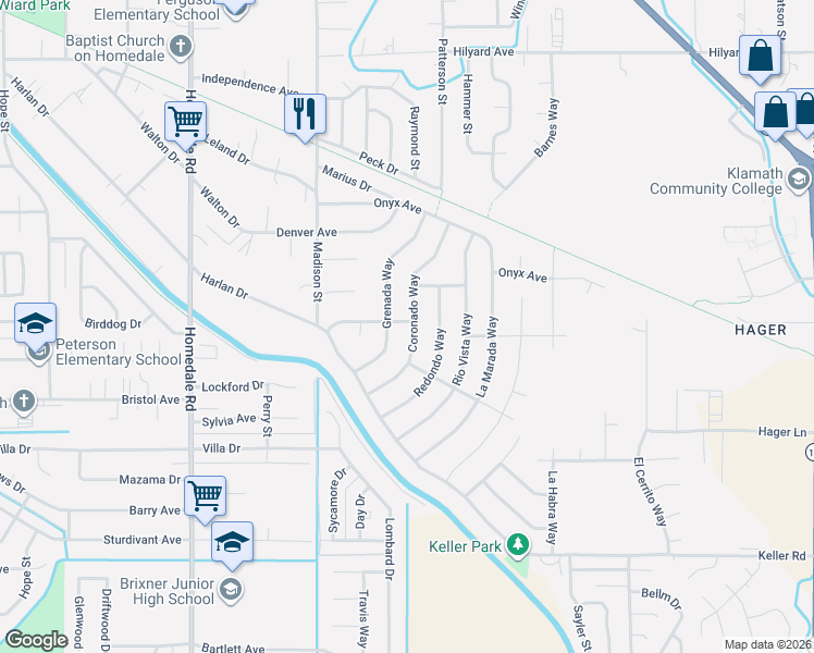 map of restaurants, bars, coffee shops, grocery stores, and more near 3851 Grenada Way in Klamath Falls