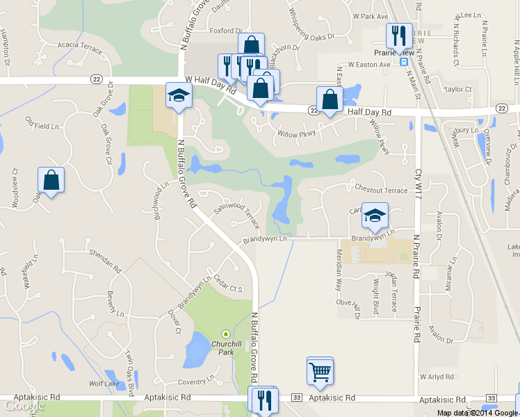 map of restaurants, bars, coffee shops, grocery stores, and more near 355 Satinwood Court North in Buffalo Grove