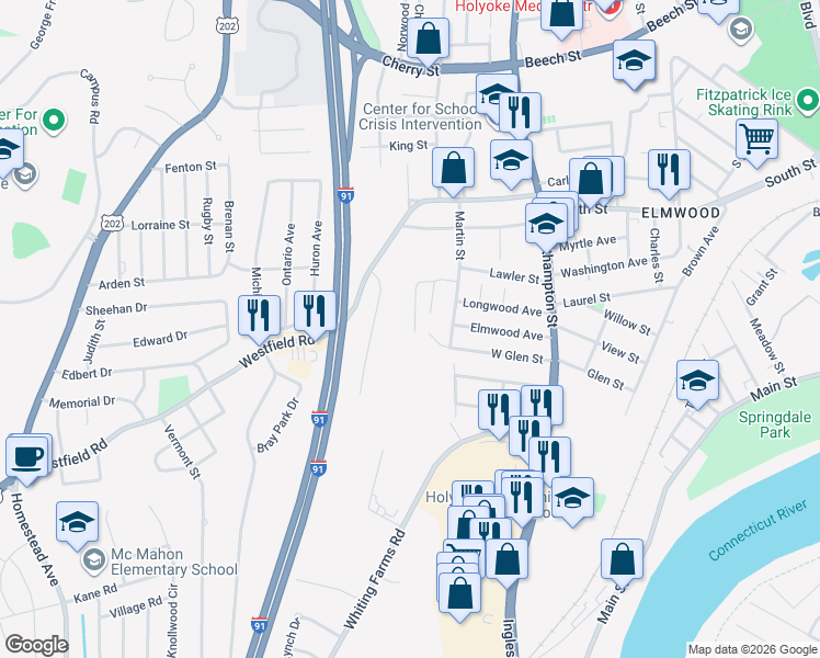 map of restaurants, bars, coffee shops, grocery stores, and more near 85 Eastern Promenade in Holyoke