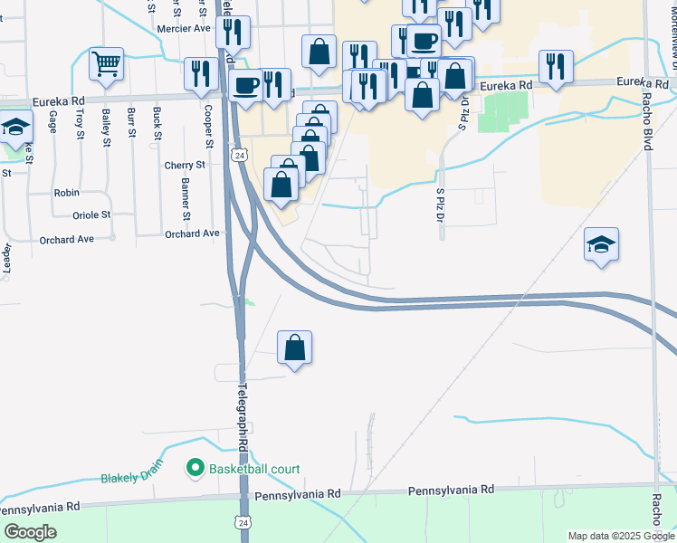 map of restaurants, bars, coffee shops, grocery stores, and more near 15744 Dupage Boulevard in Taylor