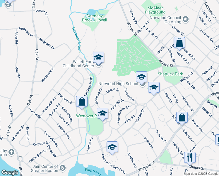 map of restaurants, bars, coffee shops, grocery stores, and more near 60 Marlboro Street in Norwood