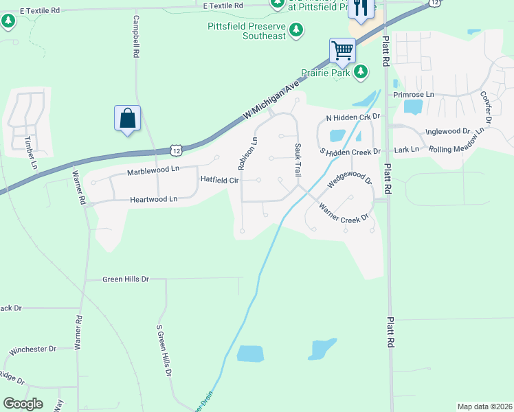 map of restaurants, bars, coffee shops, grocery stores, and more near 6684 Sauk Trail in Saline