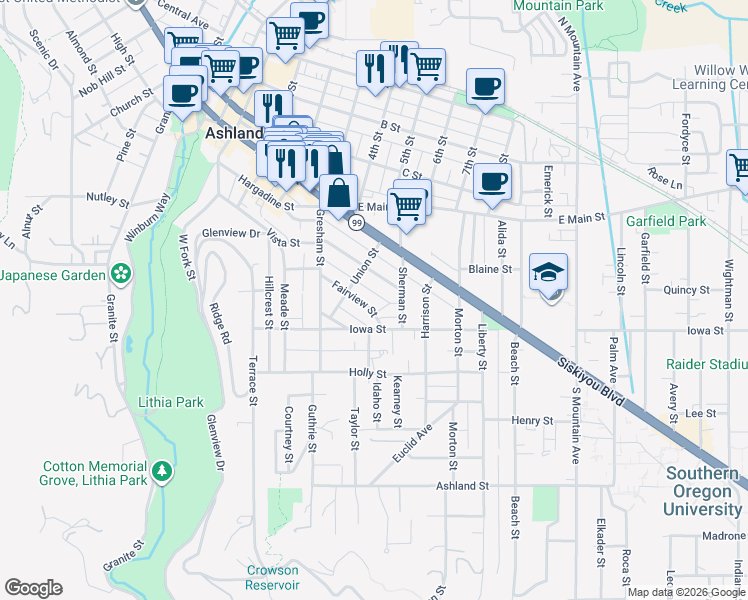 map of restaurants, bars, coffee shops, grocery stores, and more near 574 Allison Street in Ashland