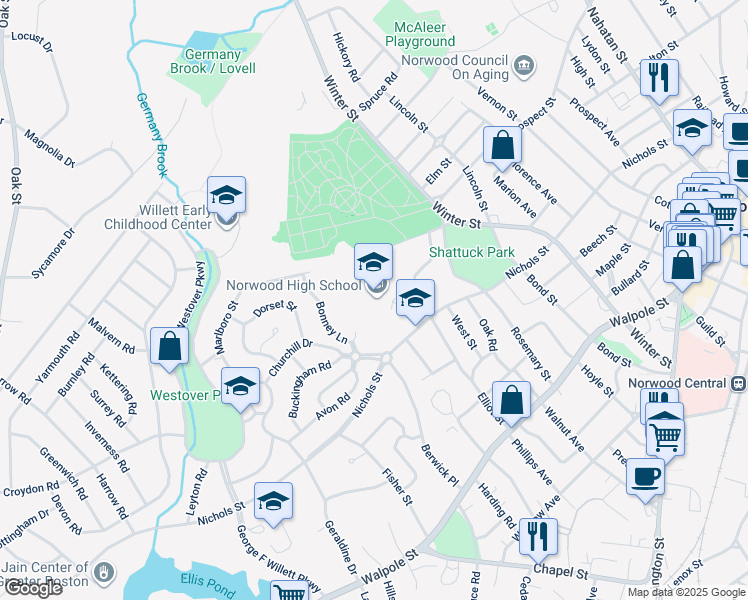 map of restaurants, bars, coffee shops, grocery stores, and more near 245 Nichols Street in Norwood