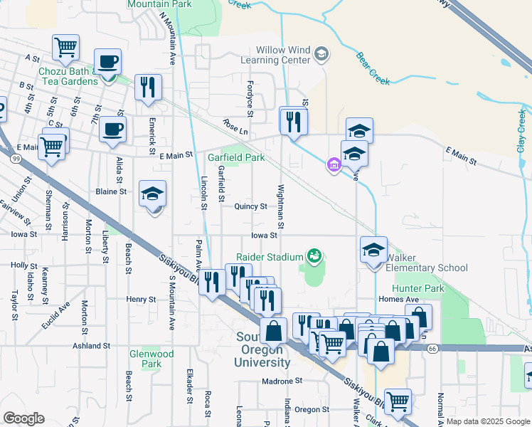 map of restaurants, bars, coffee shops, grocery stores, and more near 214 California Street in Ashland