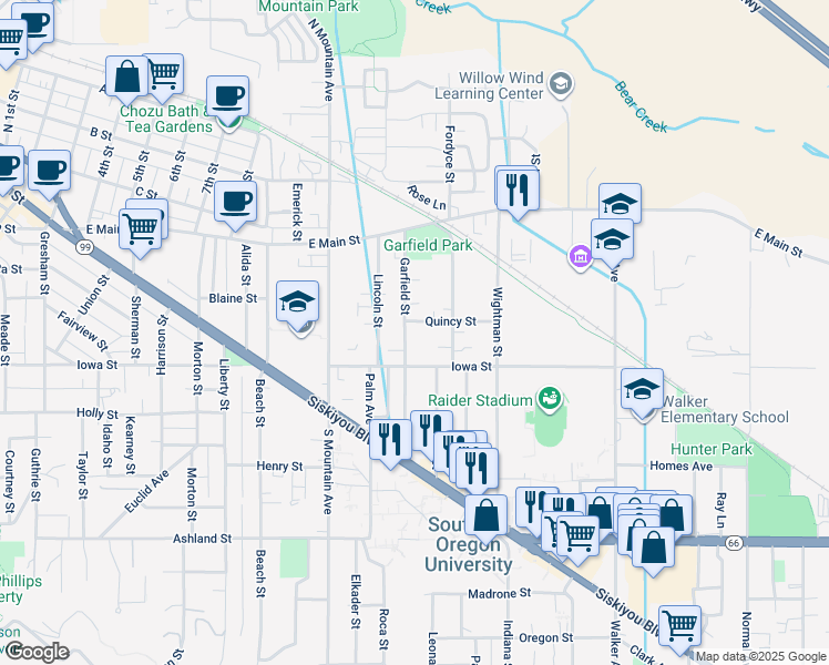 map of restaurants, bars, coffee shops, grocery stores, and more near 1269 Quincy Street in Ashland