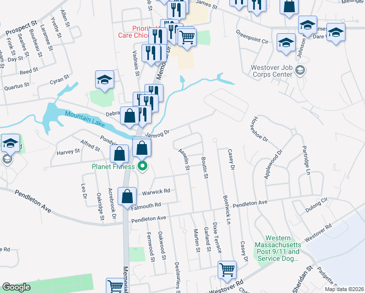 map of restaurants, bars, coffee shops, grocery stores, and more near 198 Asselin Street in Chicopee
