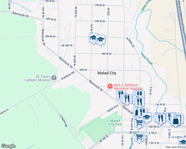 map of restaurants, bars, coffee shops, grocery stores, and more near 263 3rd West Street in Malad City